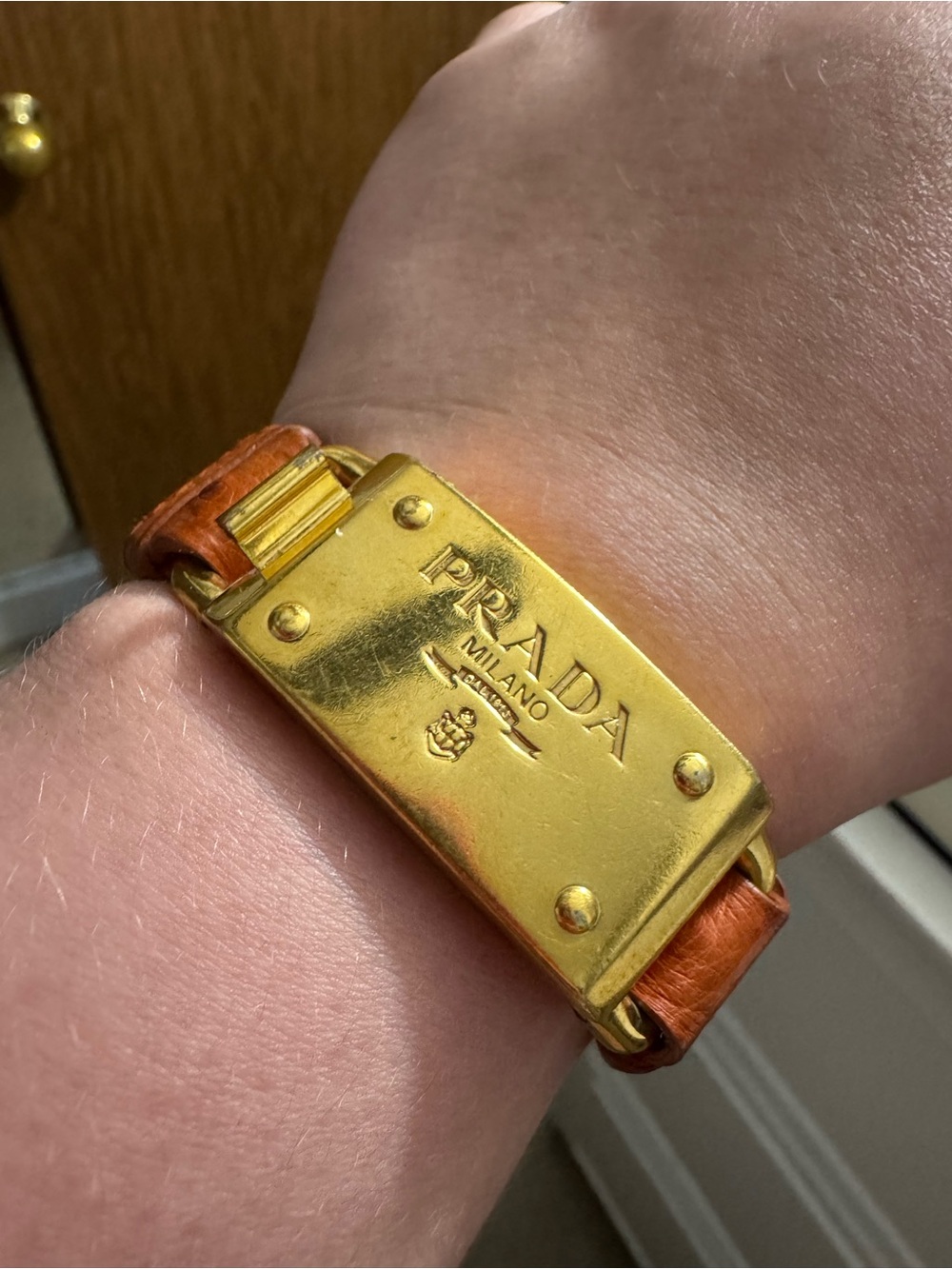 Prada Gold Plate Leather Bracelet - Orange/Brown